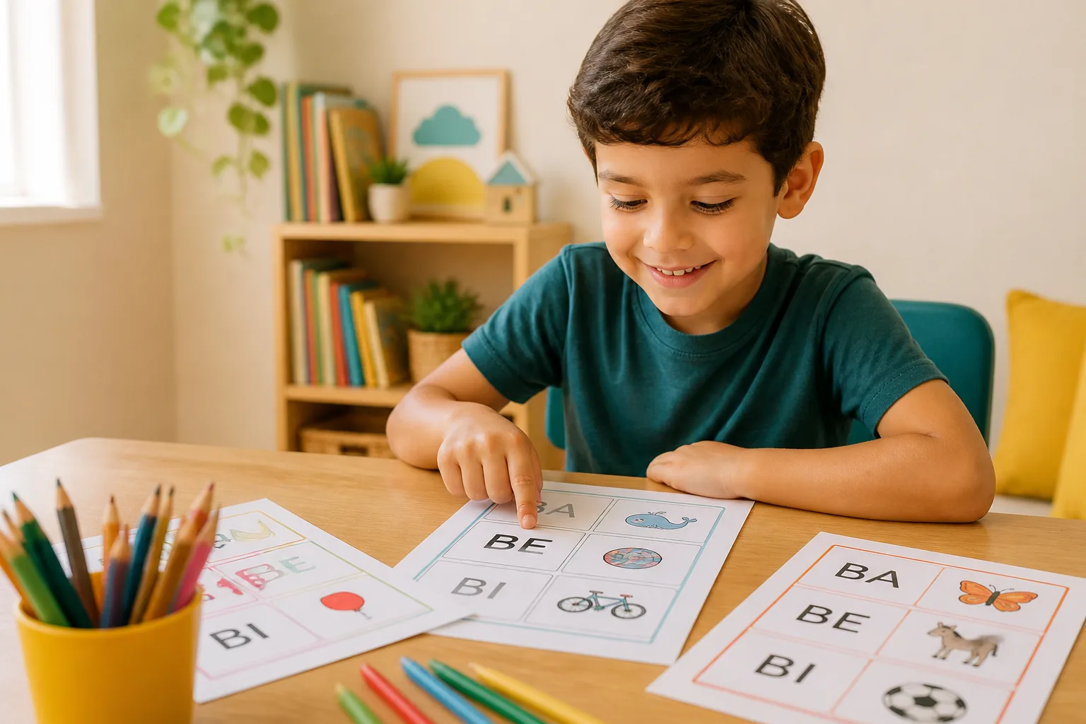 Criança praticando leitura com atividades impressas de sílabas